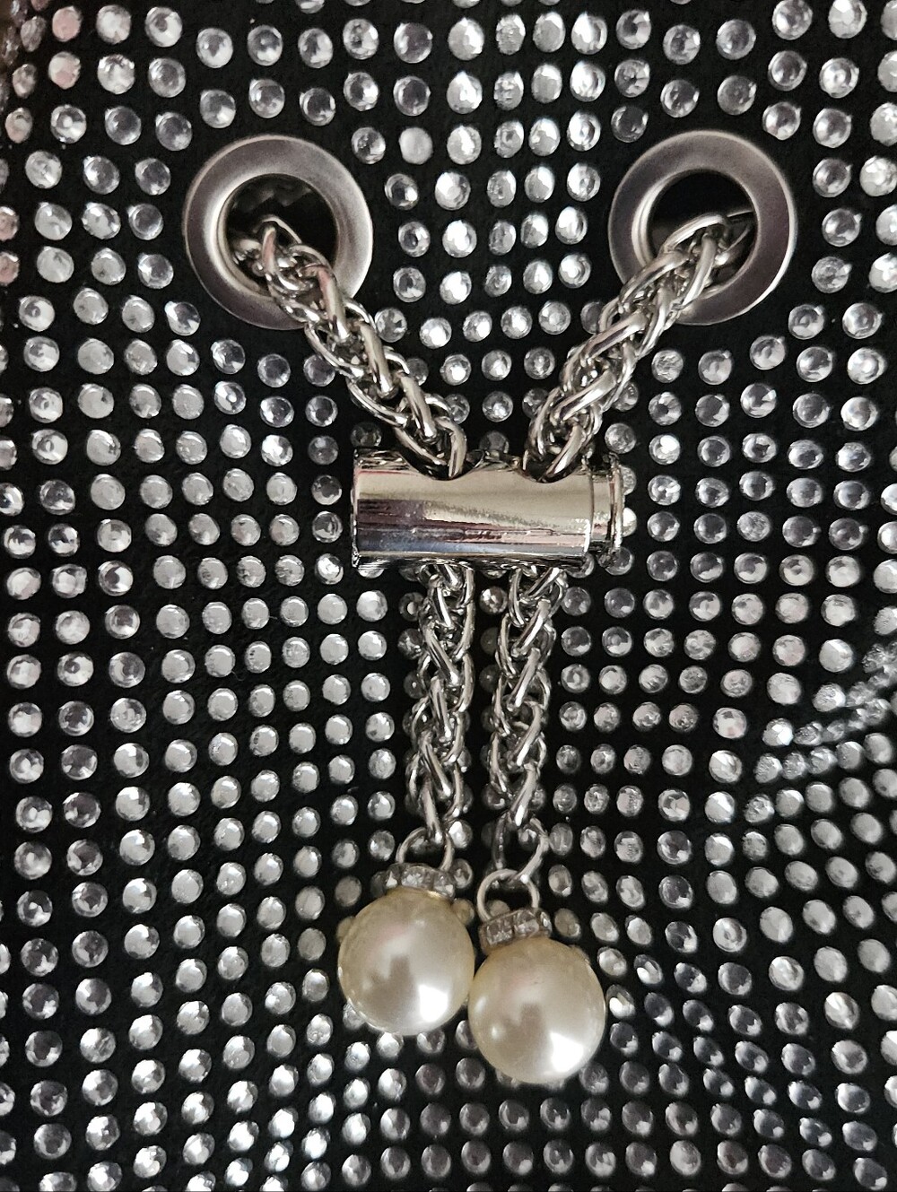 Black Rhinestone Mini Drawstring Bag With Chain - Picture 3 of 7